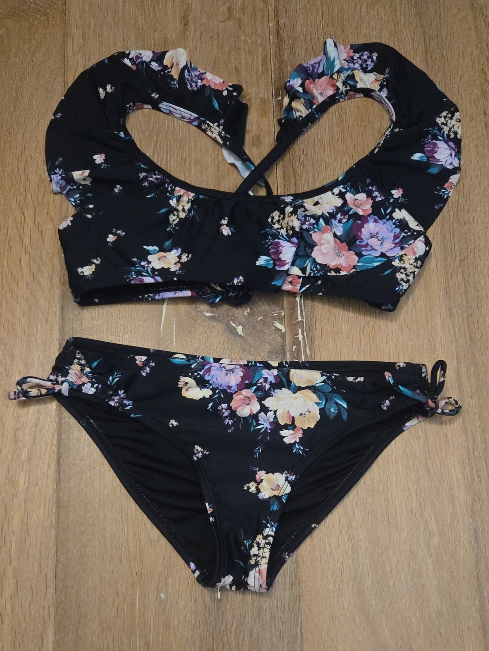 Oneill Girls Rosetta Ruffle Tie Back Bikini Top Bottom Swim Set Black Floral 10?